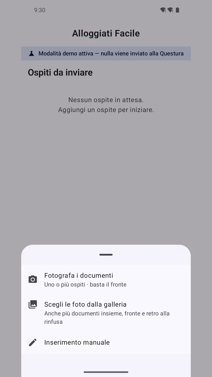 Aggiungere un ospite: fotografa i documenti, scegli dalla galleria o inserimento manuale.